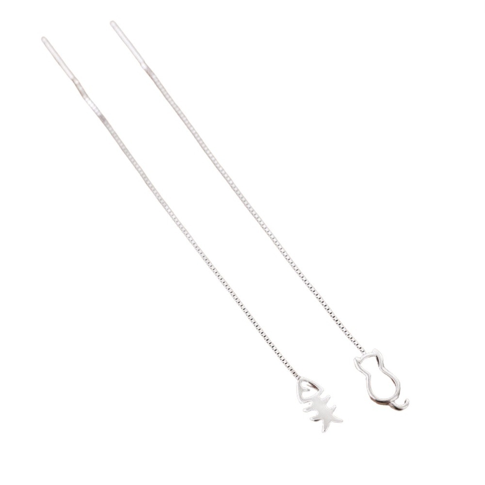 Silvertone Cat Fish Bone Threader Earrings